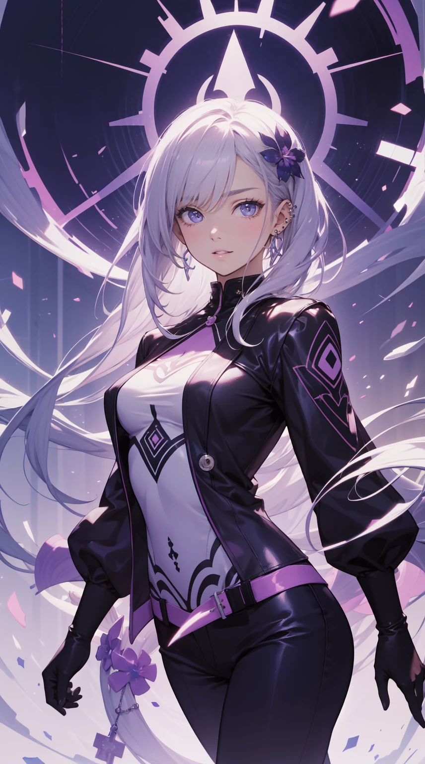 Magical girl with white hair and purple eyes,Wearing a dark purple tight gelcoat,huge ,Controlling the deep purple dark energy