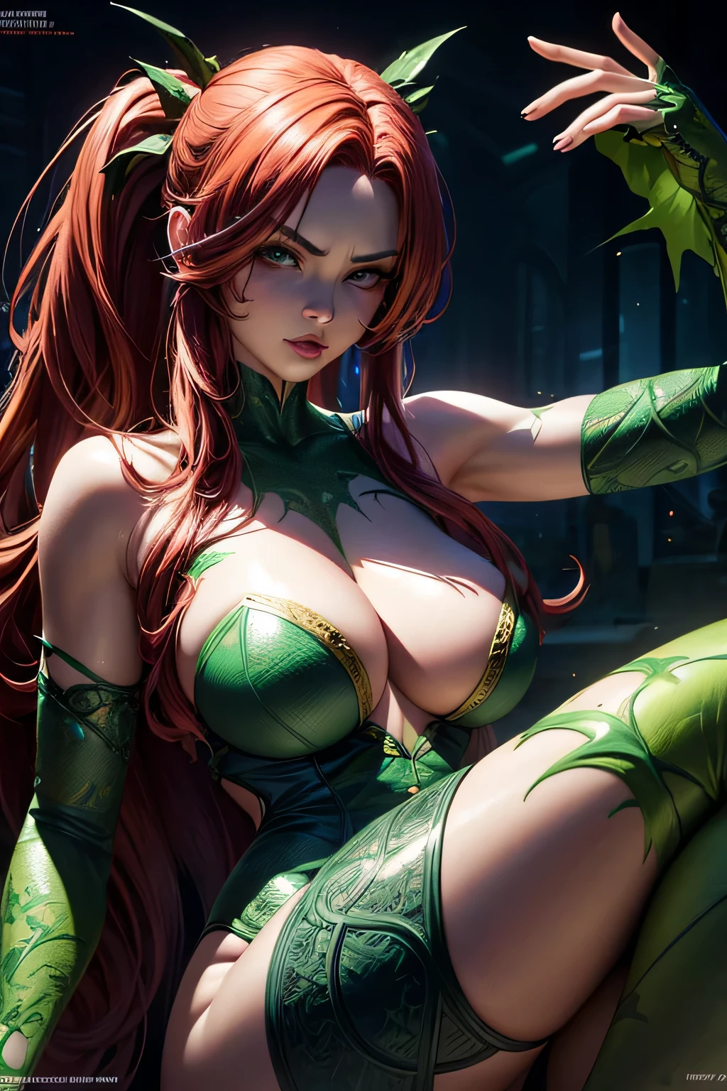 Supervillain Poison Ivy, combat stance, highly detailed, sexi, revealing, vibrant appearance, creative behavior, extremly detailed, imaginative, , spontaneous, highest quality, skin texture, intricate details, (cinematic lighting), RAW photo, 8k, masterpiece,best quality,ultra-detailed,very detailed illustrations,extremely detailed,intricate details,highres,super complex details,extremely detailed 8k cg wallpaper,