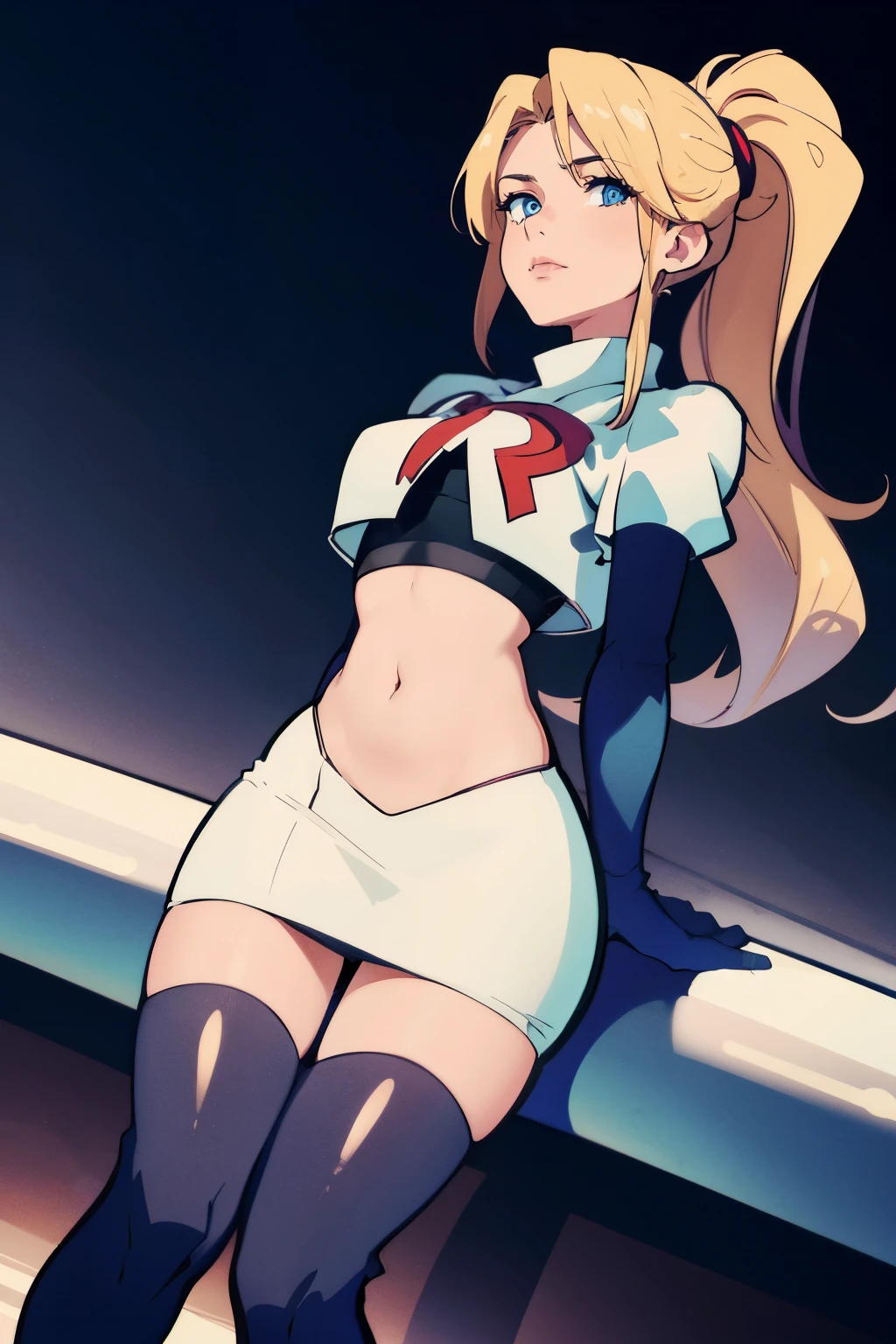 samus aran, ponytail, hair tie, team rocket, team rocket uniform, red letter R, white skirt, white crop top, black thigh-highs, black elbow gloves, spaceship background