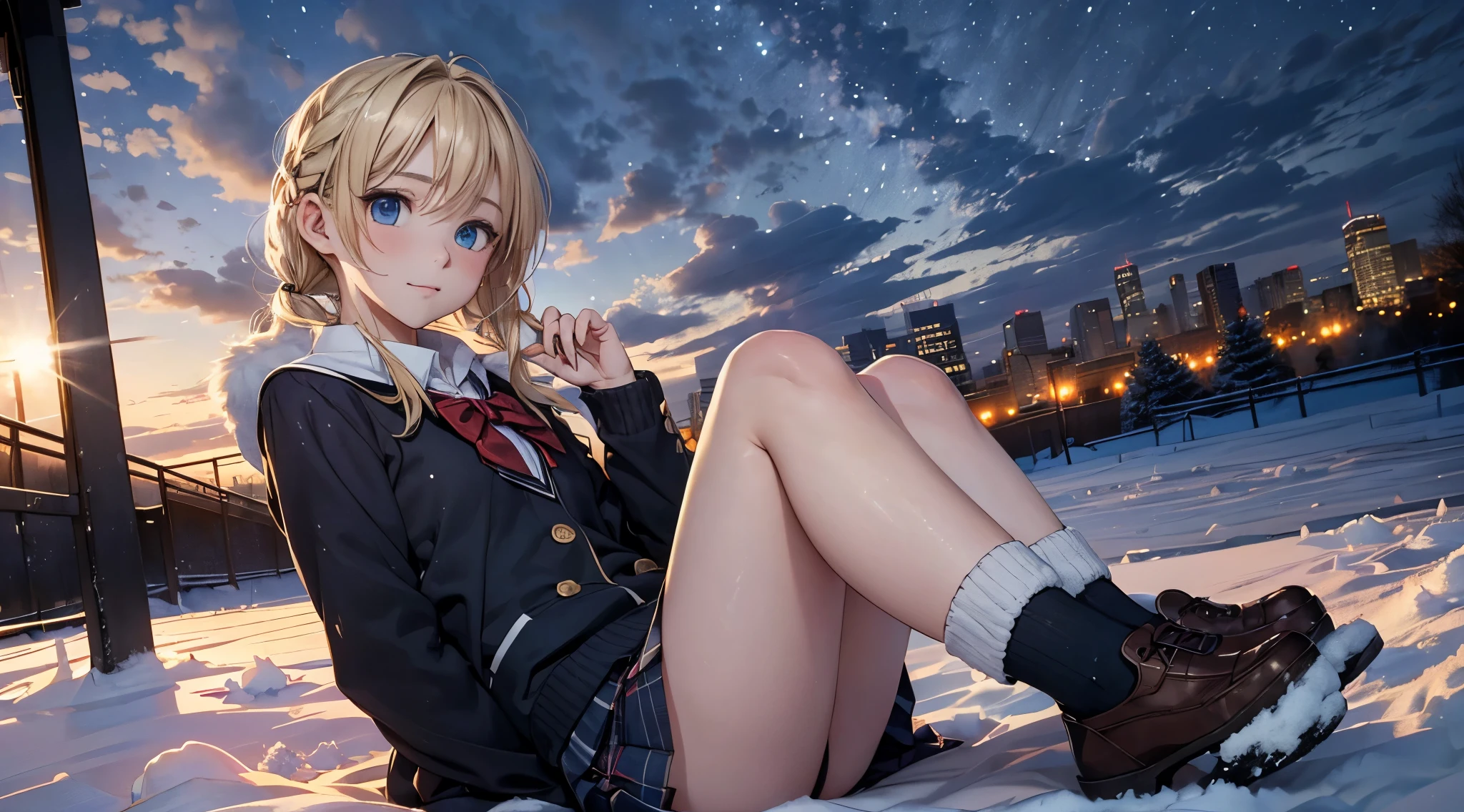 masutepiece,8K,octans, Skysky, stele(Skysky), landscapes, starrysky, natta, looks at the camera, (Legs without stockings:1.iercing gaze, nigh sky, report, plein air, built, clouds, milkyway, 城市, silhuette, Cityscape,(Short, Low twin-tailed blonde hair:1.2), (Deep Blue Eyes:1.iercing gaze, small smile, (winter school uniform:1.1)