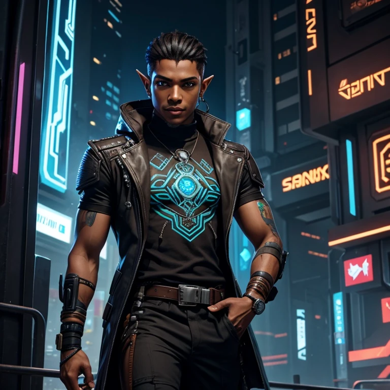 male half elf,brown skin, netrunner, cyberpunk