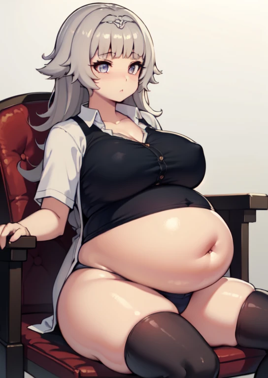 (masterpiece, best quality), 1girls, big belly, blurry background, huge belly, art by kipteitei, round belly, chubby, curvy, white button-up shirt, skirt, thighhighs, simple_background, gradient_background, belly bursting out of shirt, belly grab, enormous belly, fat belly, thicc, bigger belly, sitting on chair, really big belly, jiggly belly, shirt covering belly, belly cover by shirt