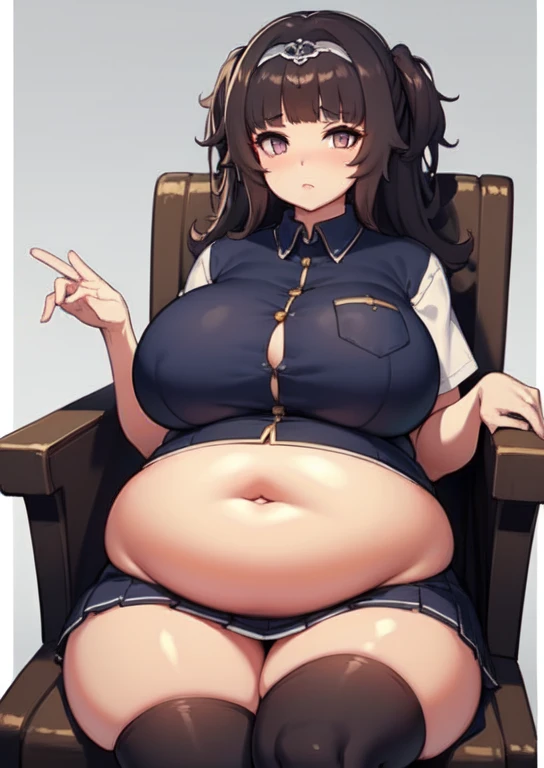 (masterpiece, best quality), 1girls, big belly, blurry background, huge belly, art by kipteitei, round belly, chubby, curvy, white button-up shirt, skirt, thighhighs, simple_background, gradient_background, belly bursting out of shirt, belly grab, enormous belly, fat belly, thicc, bigger belly, sitting on chair, really big belly, jiggly belly, shirt covering belly, belly cover by shirt