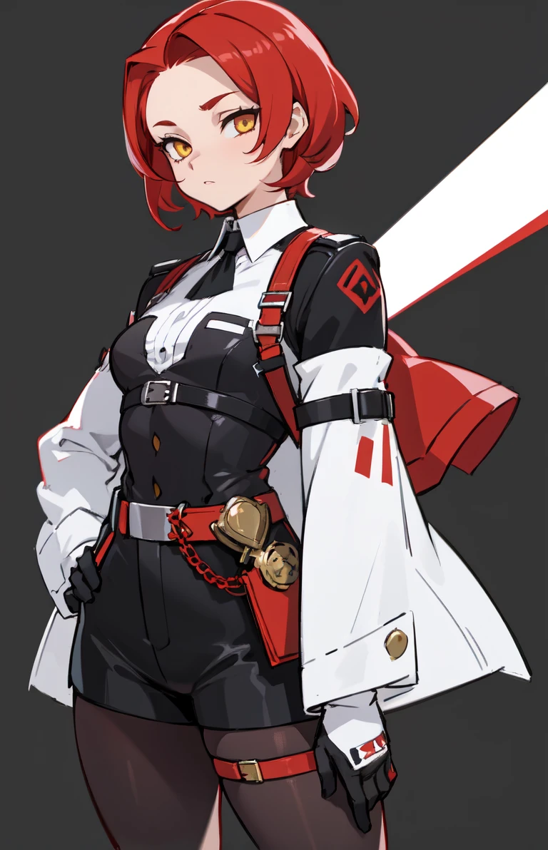 1girl, young woman, solo, short hair, Small hair, (forehead:1.2), yellow eyes, sharp ocular posture, (scarlet red hair), light brown skin tone, Athletic, muscular, medium breasts, (cropped jacket, black jacket), white shirt, collared shirt, (chest harness, shoulder strap:1.15), black leather shorts, pantyhose, garter belt, gloves, elegant, looking at viewer, standing, mustard color background, masterpiece, best quality, 4k