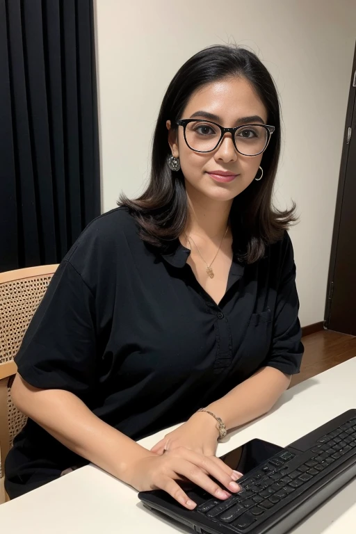 there is a woman sitting at a table with a laptop computer, a picture by Lily Delissa Joseph, instagram, tachisme, with glasses, thick glasses, taken in the early 2020s, 18 years old, with glasses on, leaked photo, ayahausca, 1 8 yo, smol, imane anys