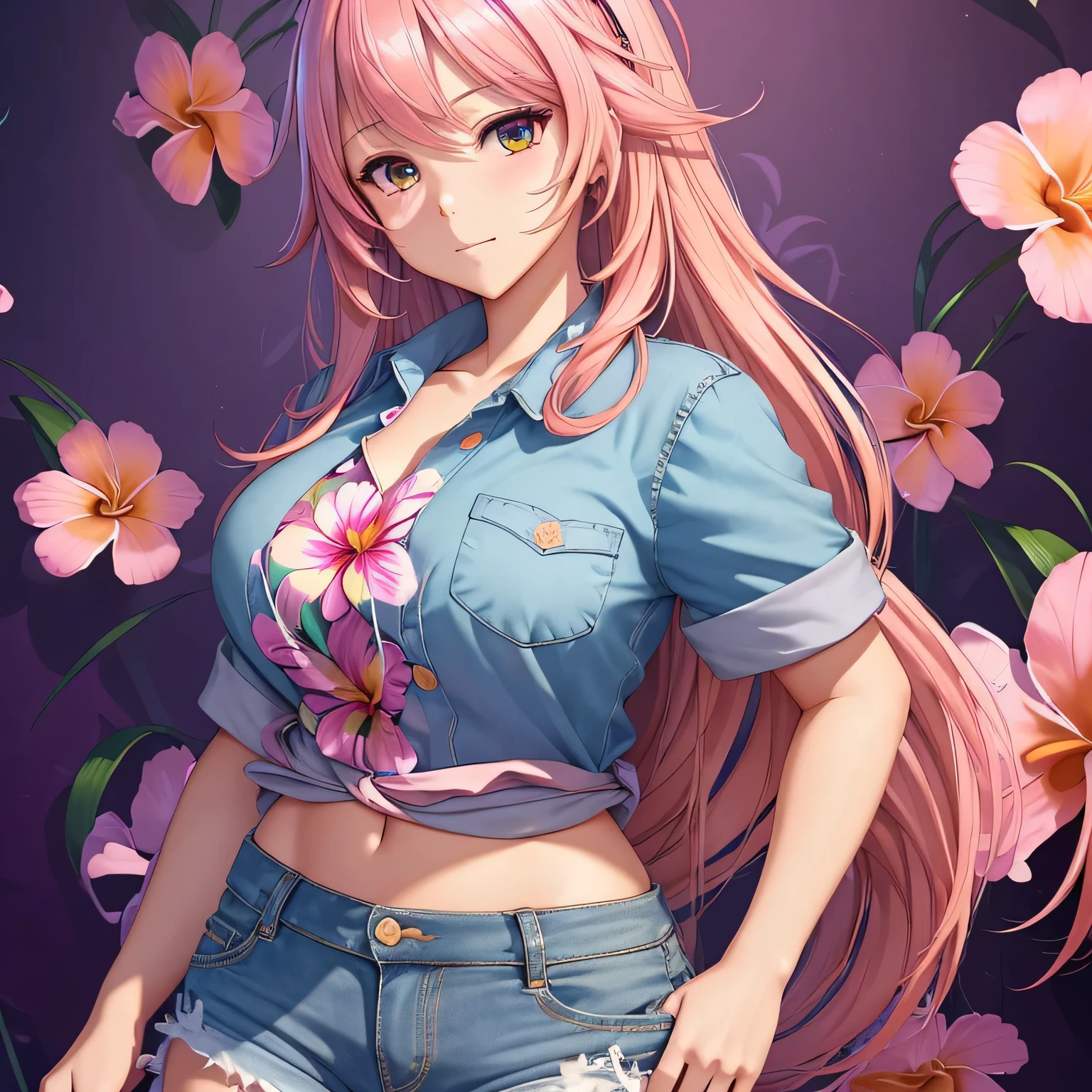 Masterpiece, best quality, (very detailed CG unity 8k wallpaper) (best quality), (best illustration), (best shadows), single female, full body, long pink hair, anime, large breasts, short sleeve button up hawaiian shirt with flowers, jean shorts, trippy background, lots of neon colours
