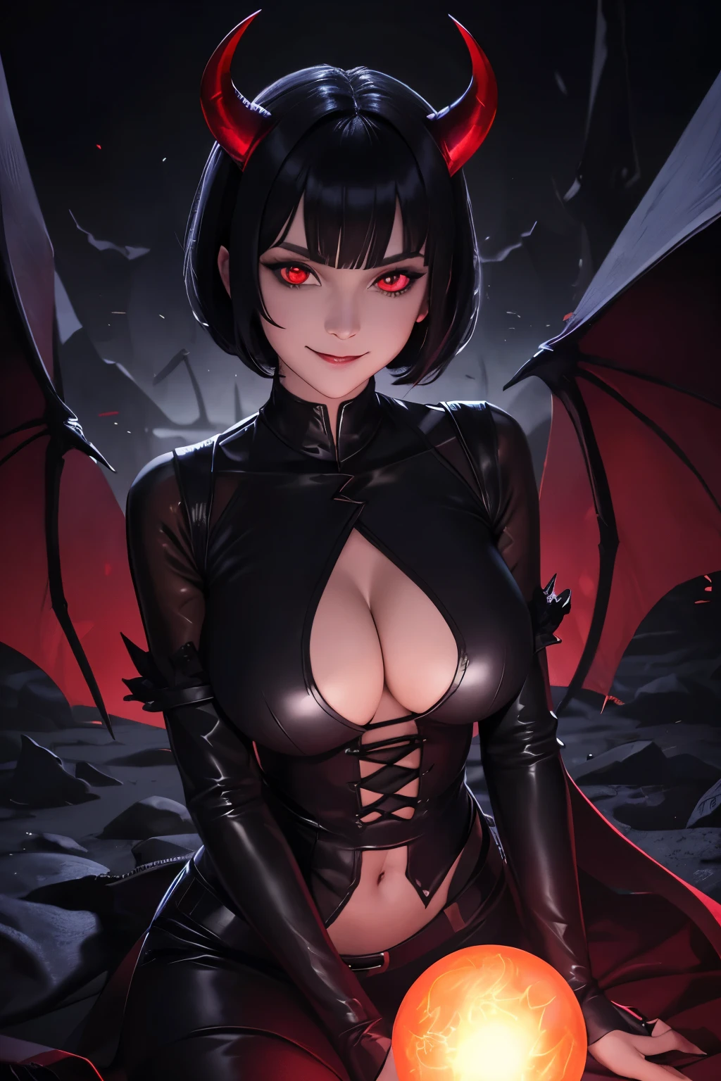 Solo, demon, black clothing, (third eye in forhead), horns, black short hair, (transparent sleeves:1.3), red skin, tight clothing, (hand on breasts), lite smile, evil eyes, cutout (deep cleavage), (black summon orb:1.1), masterpiece, (outdoors background), night time.