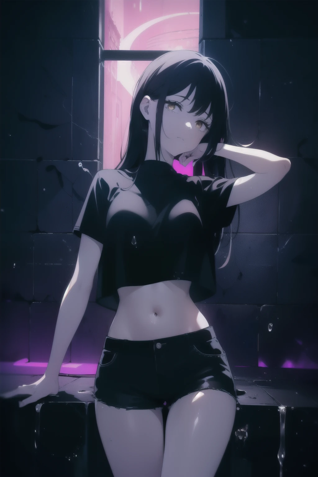 ((((Obra maestra, La mejor calidad, ultrahigh resolution)))), 1girl, happy, standing, black t-shirt, jean shorts, (black hair, dark black hair over eye:1), long hair cut, pale skin, ((brown eyes)), (glowing_eyes), (ultra detailed eyes:0.7, beautiful and detailed face, detailed eyes:0.9), ((centered)), ((over joyed expression)), ((wide shot)), facing viewer, (((indoor part, purple and black lights, black dancing silhouettes:0.9, rave:1))), medium breasts, looking at viewer, ((half closed eyes)), ((perfect hands)), (((head:1, arms, hips in view, elbows, thighs, in view))), lively eyes, beautiful lighting, outside, outdoors, background, defined subject, 25 years old, (head tilt), (((cool))), ((lively)), (((splash)))