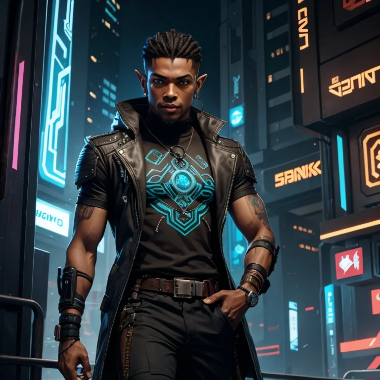 Macho Meio elfo,Brown skin, Netrunner, Cyberpunk