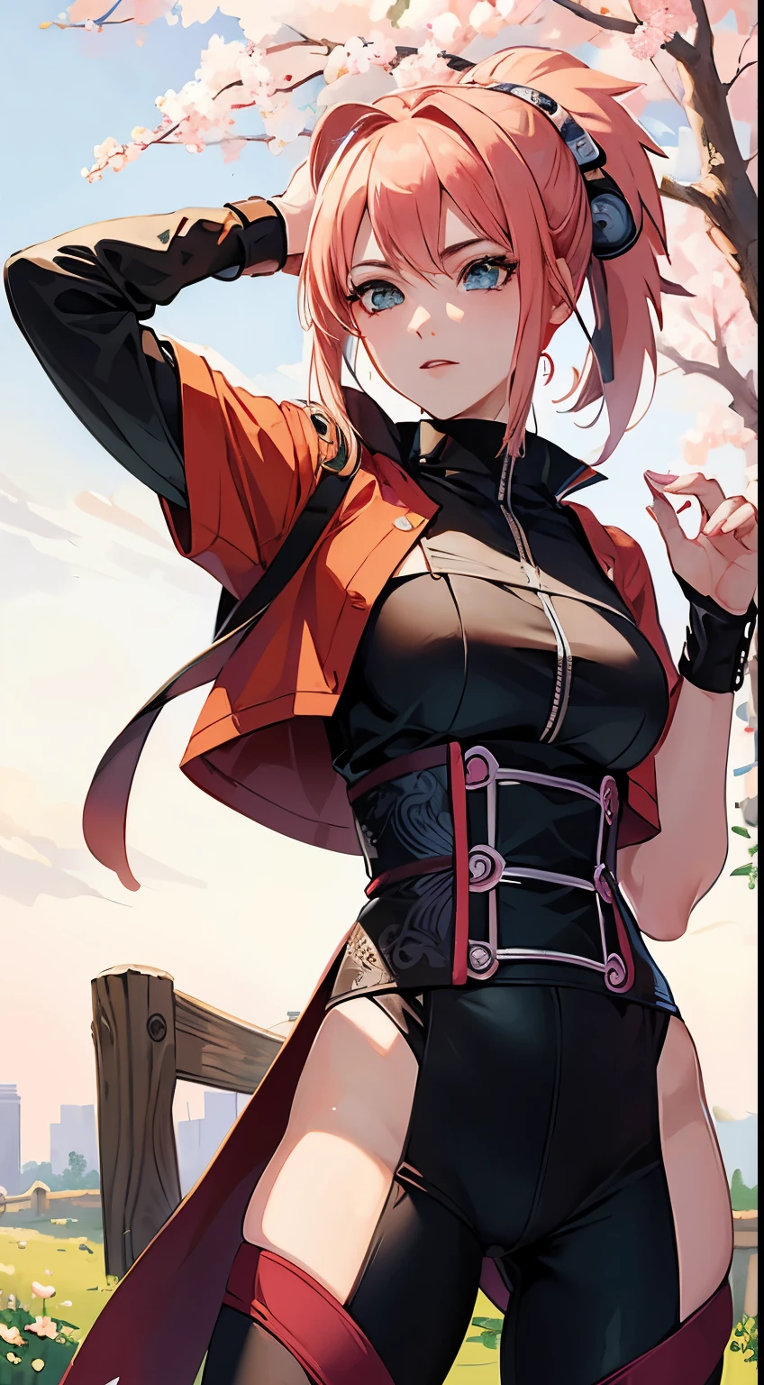 high detail, high resolution, bestquality, masterpiece, (naruto fused with sakura), sexy clothes, sexy, highly detailed clothes, garden background, (perfect anatomy:1.2), beautiful face, perfect face, detail eyes, half body photo, ultra detailed eyes