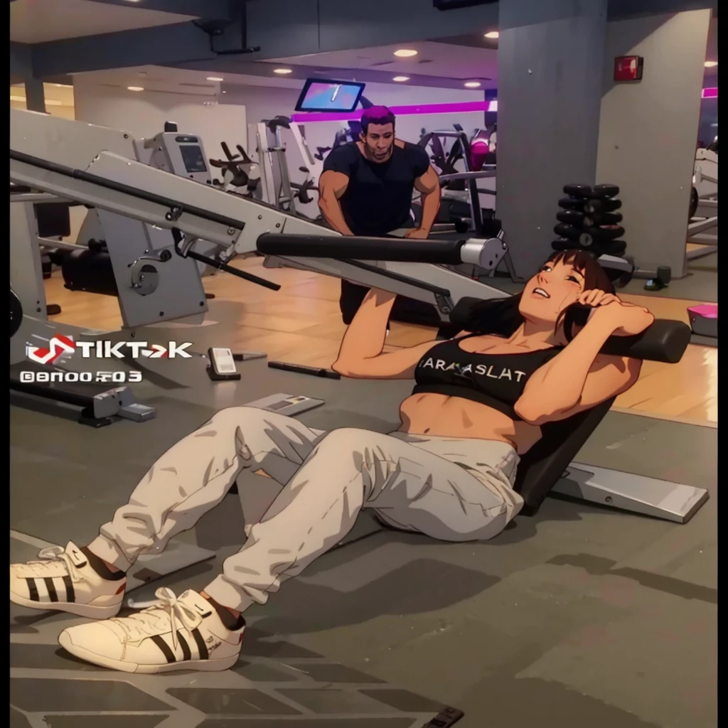 (best quality,4k,8k,highres,masterpiece:1.2),ultra-detailed,(realistic,photorealistic,photo-realistic:1.37), [portraits],[landscape], professional,gym, cute girl, training, leg press machine, legs bent, abdomen marked, hands holding, sweating, determination