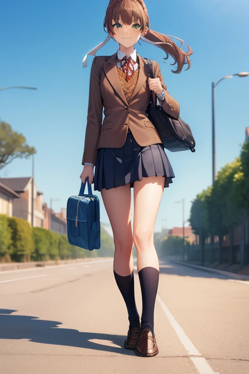 ((full body:1.4)), ((walking:1.4)), ((holding school bag on hand:1.4)), ((smug face:1.4)), ddlcmonika, ddlcmonika, blunt bangs, brown hair, (green eyes:1.5), long hair, ponytail, ribbon, white ribbon, hair ribbon, sidelocks,
BREAK blue skirt, brown jacket, jacket, long sleeves, pleated skirt, school uniform, shoes, skirt, ((short back socks:1.4)), zettai ryouiki
BREAK looking at viewer,
BREAK outside, park background,
BREAK (masterpiece:1.2), best quality, high resolution, unity 8k wallpaper, (illustration:0.8), (beautiful detailed eyes:1.6), extremely detailed face, perfect lighting, extremely detailed CG, (perfect hands, perfect anatomy), ((brown loafers:1.4)), ((view from down:1.4)), ((sky from bellow:1.4)), ((show white panties:1.4)),