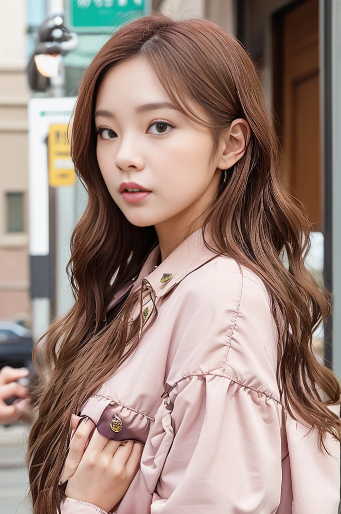 close-up of a woman with long hair wearing different colored bangs jaeyeon nam double tzuyu jinyoung shin female korean idol portrait blackpink jossi portrait korean artist blackpink roseanne park ash blonde gray hair heonhwa choe wavy shoulder length hair lee ji- eun, lee ji - eun. The woman is in different poses and photographed from different angles. And the location should be a downtown plaza.