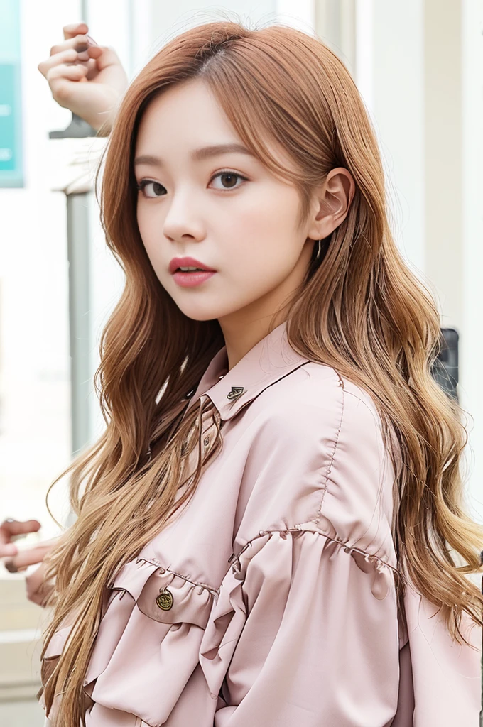 close up of a woman with long hair wearing a red bikini jaeyeon nam double tzuyu jinyoung shin female korean idol portrait blackpink jossi portrait korean artist blackpink roseanne park ash blonde gray hair heonhwa choe wavy shoulder length hair lee ji- eun, lee ji - eun. The woman is facing the camera and photographed from a different angle. On the beach.