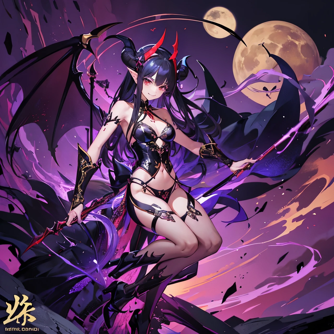 full body shot shot,portrait,solo person,a beauty girl,Hair over the shoulder,succubi,Happy,pointy ears,goat horn,high-heels,Put your hand to your mouth,Crossed waist with one hand,Whitish skin tone,Bow collar,比基尼,grin,Magic pupil,a garter belt,The demons,The demons翅膀,Bat wings growing on the back,Crop topping,Sexy dressing,underwear