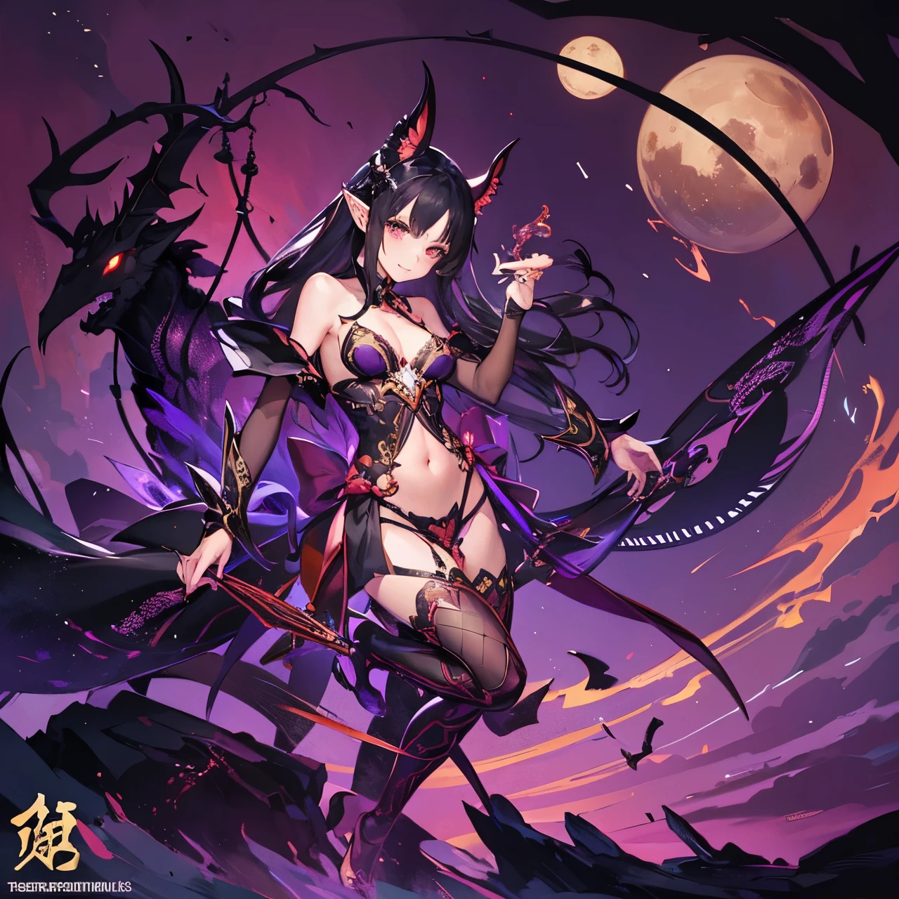 full body shot shot,portrait,solo person,a beauty girl,Hair over the shoulder,succubi,Happy,pointy ears,goat horn,high-heels,Put your hand to your mouth,Crossed waist with one hand,Whitish skin tone,Bow collar,比基尼,grin,Magic pupil,a garter belt,The demons,The demons翅膀,Bat wings growing on the back,Crop topping,Sexy dressing,underwear