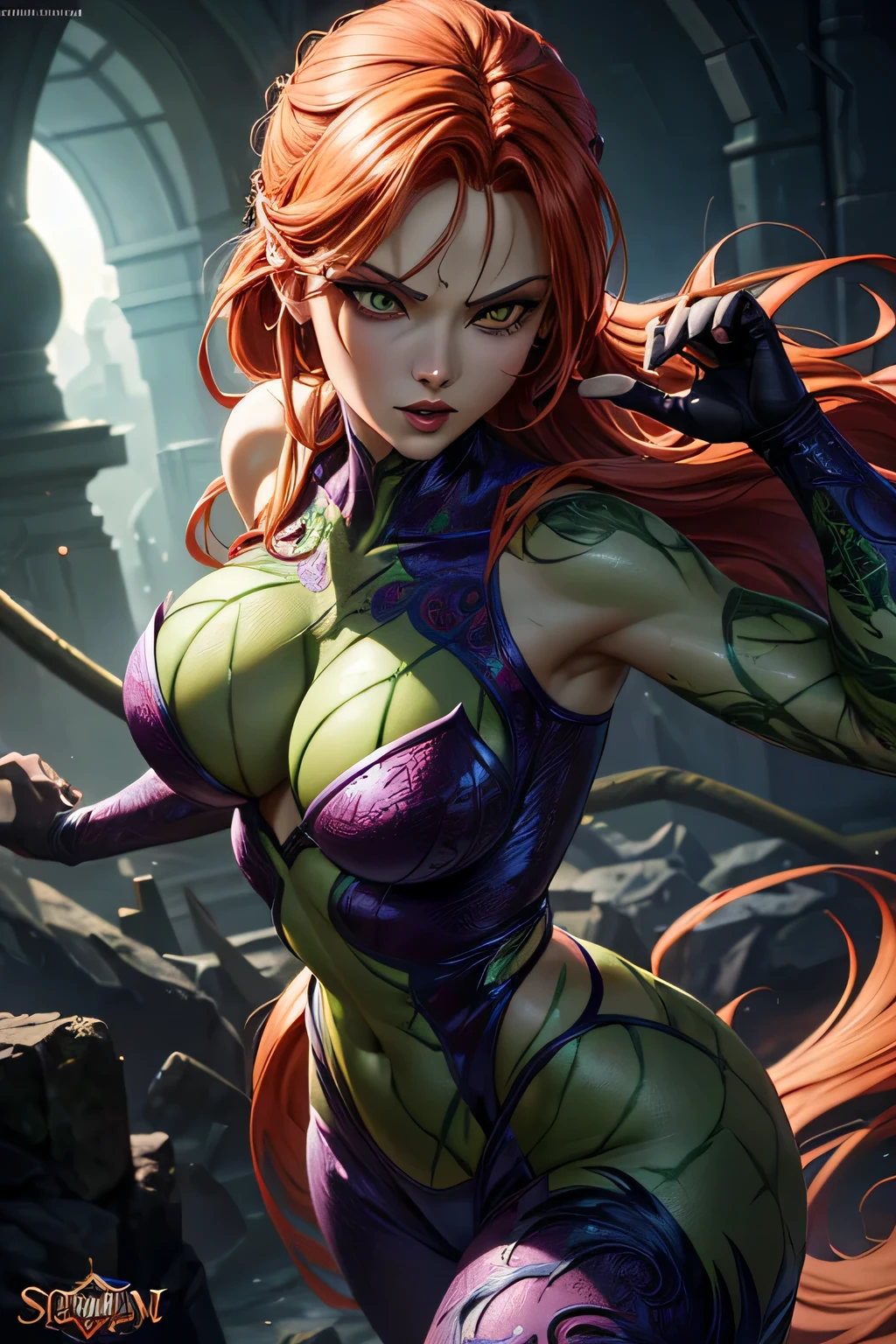 Supervillain Poison Ivy, combat stance, highly detailed, sexi, revealing, vibrant appearance, creative behavior, extremly detailed, imaginative, , spontaneous, highest quality, skin texture, intricate details, (cinematic lighting), RAW photo, 8k, masterpiece,best quality,ultra-detailed,very detailed illustrations,extremely detailed,intricate details,highres,super complex details,extremely detailed 8k cg wallpaper,