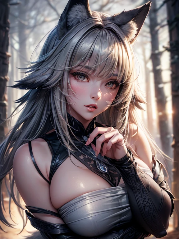 A huge wild gray wolf protecting a beautiful girl (masterpiece: 1.5) (photorealistic: 1.1) (bokeh) (best quality) (detailed skin texture pores hair: 1.1) (intricate) (8k) (HDR) (wallpaper) (cinematic lighting) (sharp focus )
