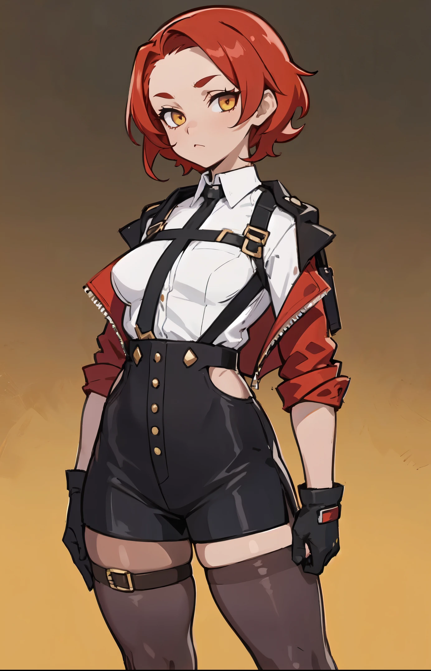 1girl, young woman, solo, short hair, Small  hair, (forehead:1.2), yellow eyes, sharp ocular posture, (scarlet red hair), light brown skin tone, Athletic, muscular, medium breasts, (cropped jacket, black jacket), white shirt, collared shirt, (chest harness, shoulder strap:1.15), black leather shorts, pantyhose, garter belt, gloves, elegant, looking at viewer, standing, mustard color background, masterpiece, best quality, 4k