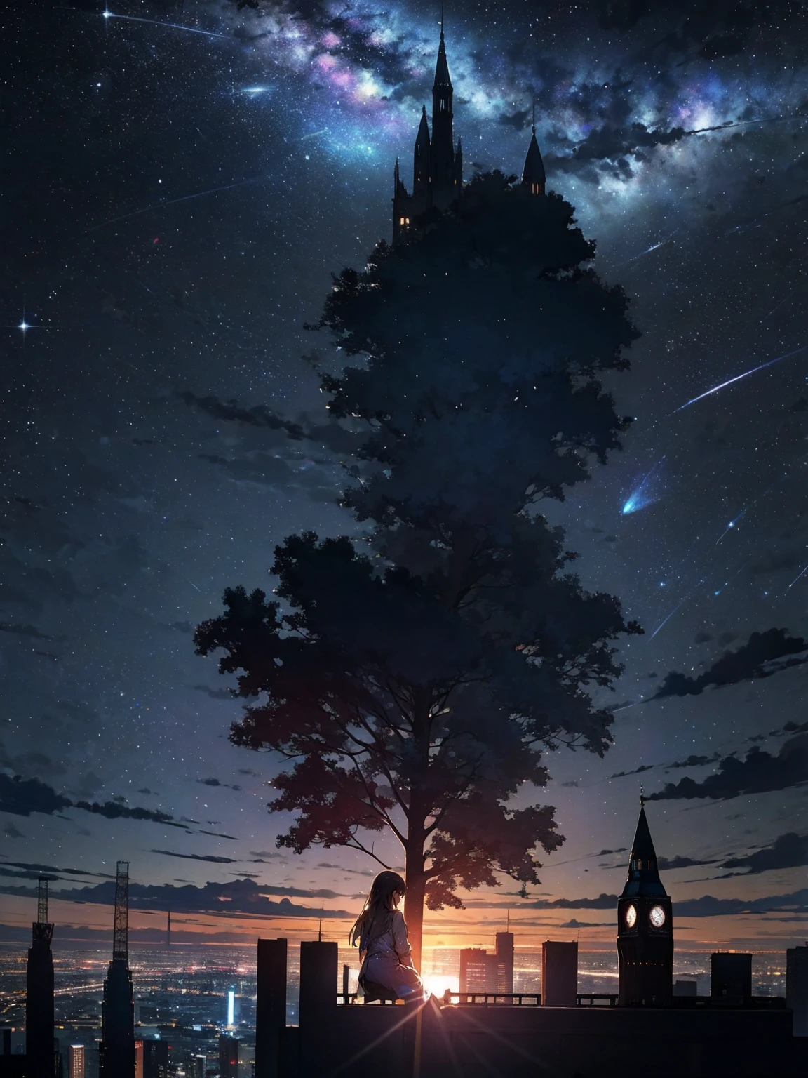 sky, star (sky), scenery, starry sky, night, 1girl, night sky, solo, outdoors, building, cloud, milky way, sitting, tree, long hair, city, silhouette, cityscape