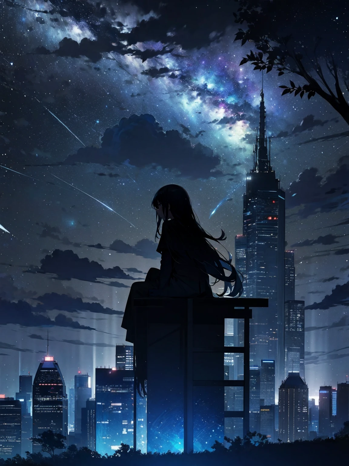 sky, star (sky), scenery, starry sky, night, 1girl, night sky, solo, outdoors, building, cloud, milky way, sitting, tree, long hair, city, silhouette, cityscape