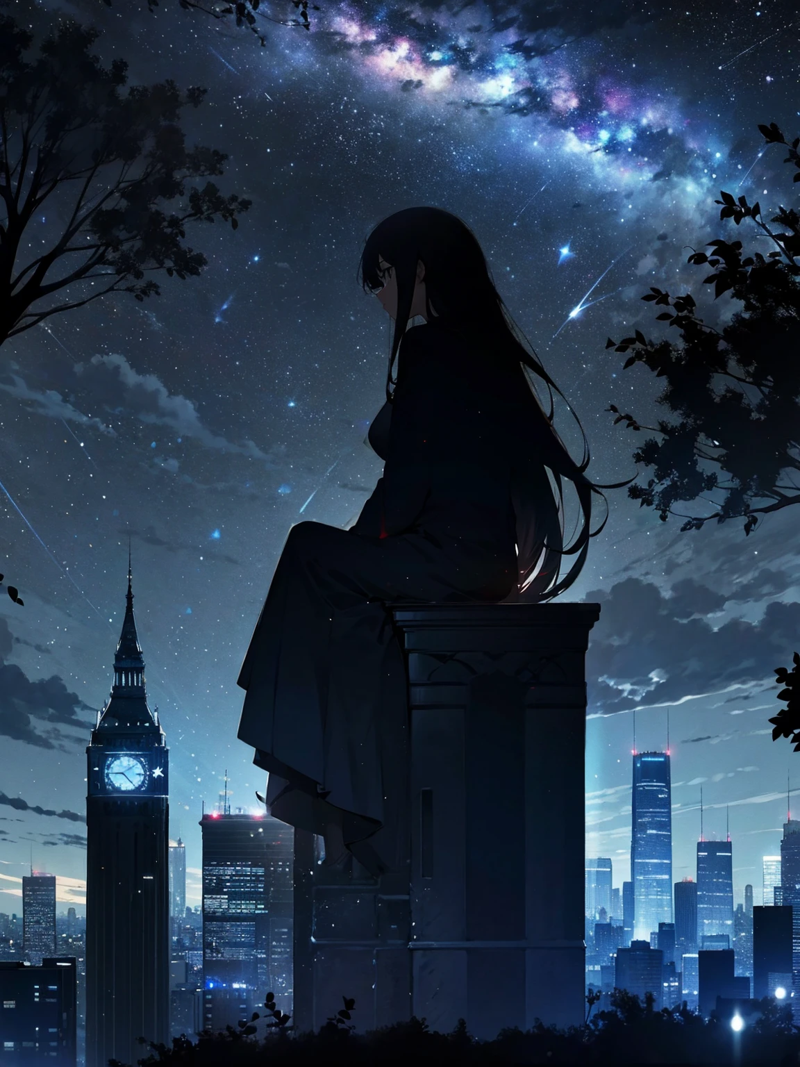 sky, star (sky), scenery, starry sky, night, 1girl, night sky, solo, outdoors, building, cloud, milky way, sitting, tree, long hair, city, silhouette, cityscape