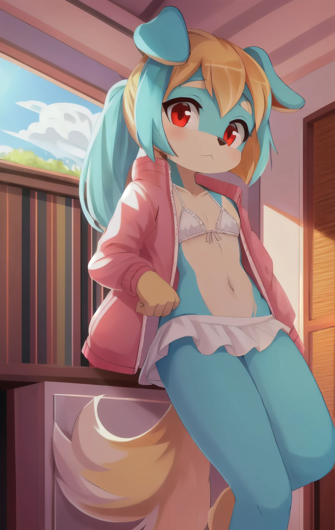 Furry girl, young, dog, cute hair, long ponytail, blonde hair, stars hairpin, red eyes, small ???????, detailed body fur, ((small pink jacket, ????????????, white frilly ??????, white frilly skirt)), masterpiece, looking at you, two tone body fur, turquoise body fur, clear turquoise body fur, detailed face, big eyebrows, detailed eyes, detailed body, music studio, detailed hands, glistering body, shiny body, skinny, :3, floppy dog ears, full body, feets whit three toes,