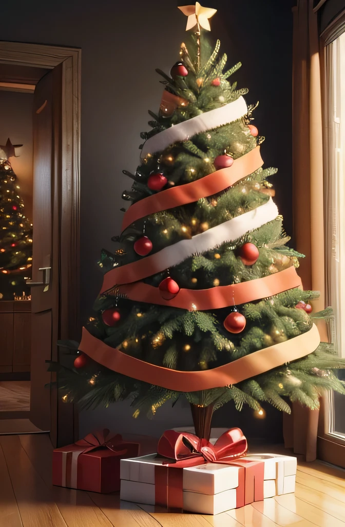 Realistic image of a Christmas tree, com luzes coloridas e desfocadas, lareira quentinha