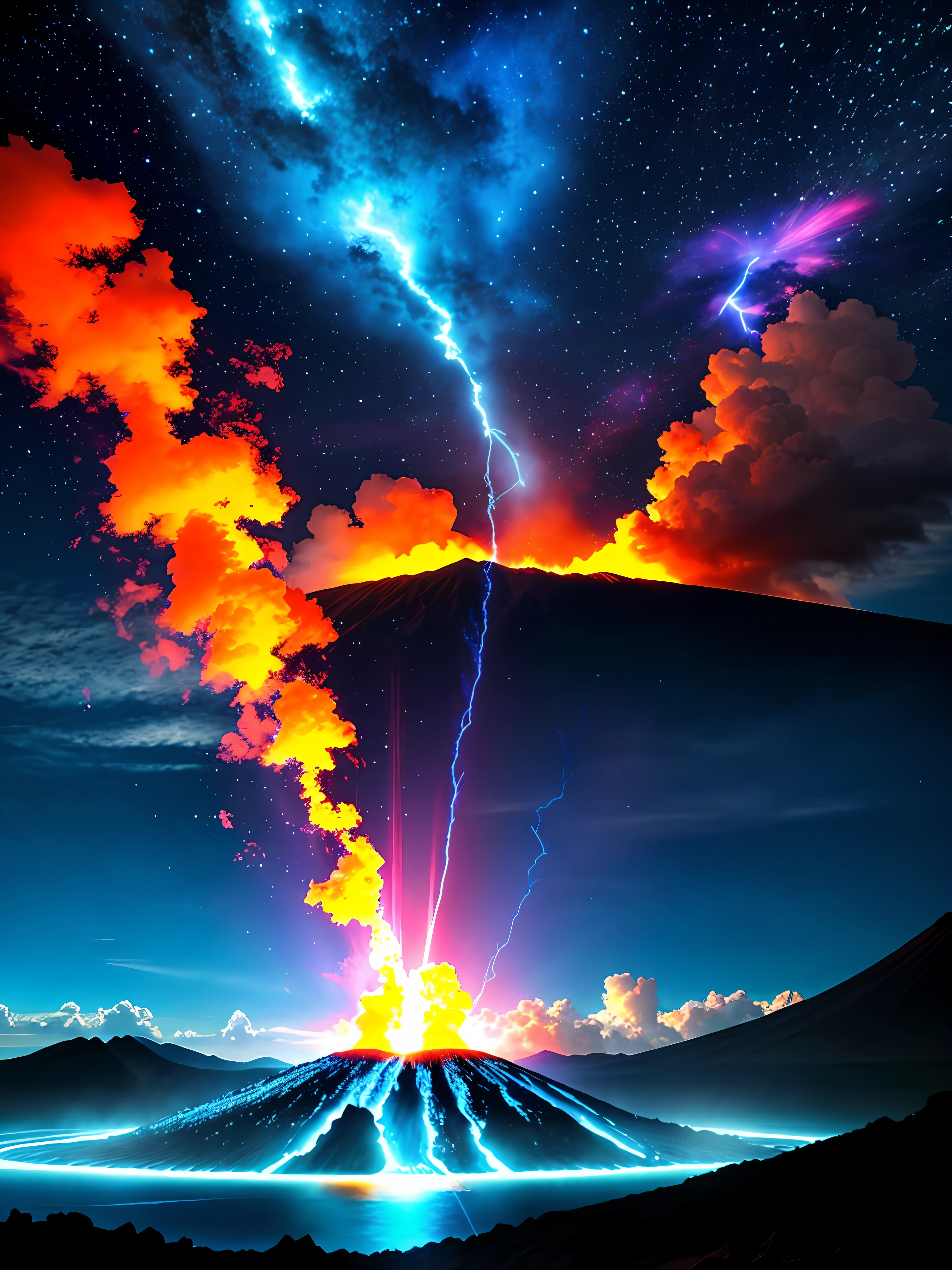 dramatic sky, blue lightning Style: masterpiece, best quality, 8k, sharp focus, realistic, ((Detailed)), ((Dynamic pose)), ((Good Highlights)), (Perfect Proportions), (dynamic), (intricate), (complimentary colors), good perspective, (Professional), (Award winning)
ADDCOMM
volcanic island background
Red flame, soft particles, explosion
BREAK
green flame, soft particles, explosion
BREAK
blue  flame, soft particles, explosion
volcanic island background