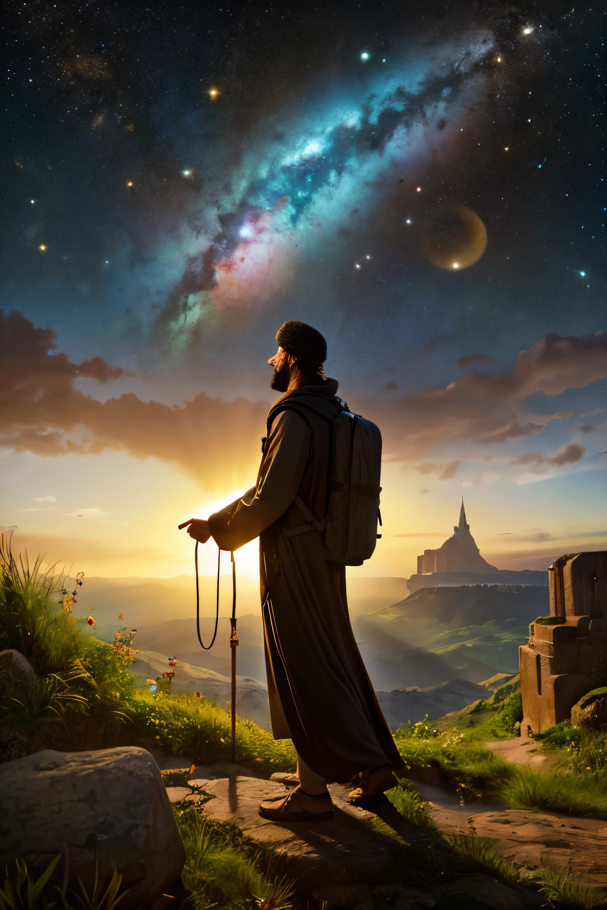 Produce a poignant artwork portraying Father Abraham in Genesis 12:1-4, focusing on his departure from his home country to heed God's call in faith. Illustrate the moment when Abraham steps onto the land, conveying the essence of his journey on solid ground, emphasizing the themes of faith, obedience, and the profound decision to answer the divine call. Use visual elements to underscore the courage and trust inherent in Abraham's land-bound pilgrimage.