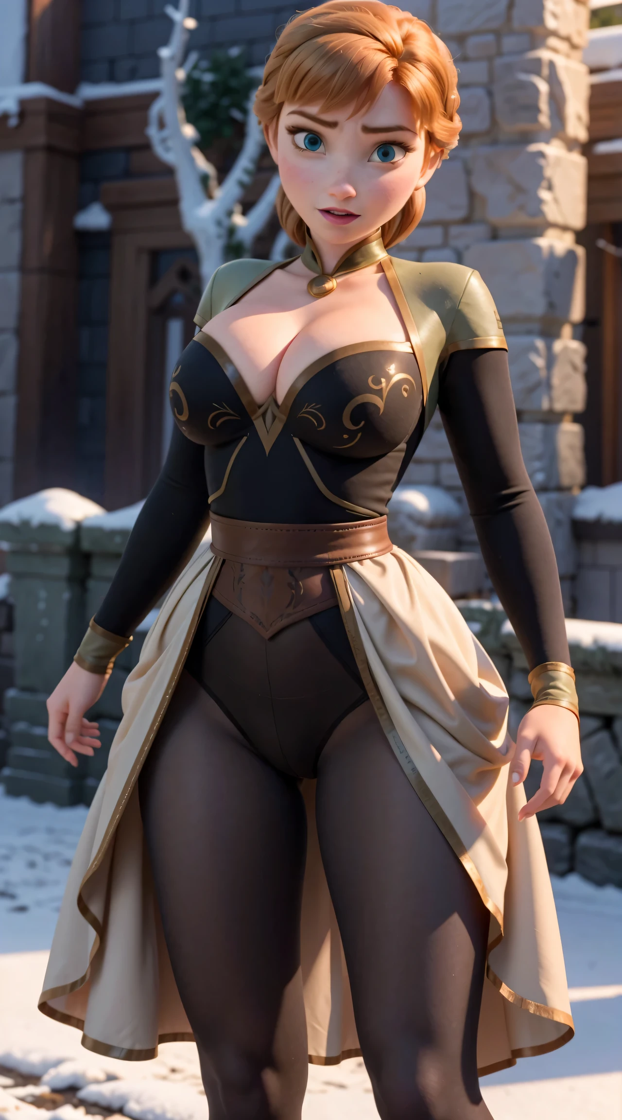 Photo of Anna of Arendelle wearing thight opaque pantyhose, cameltoe, huge breasts, bursting huge breasts,