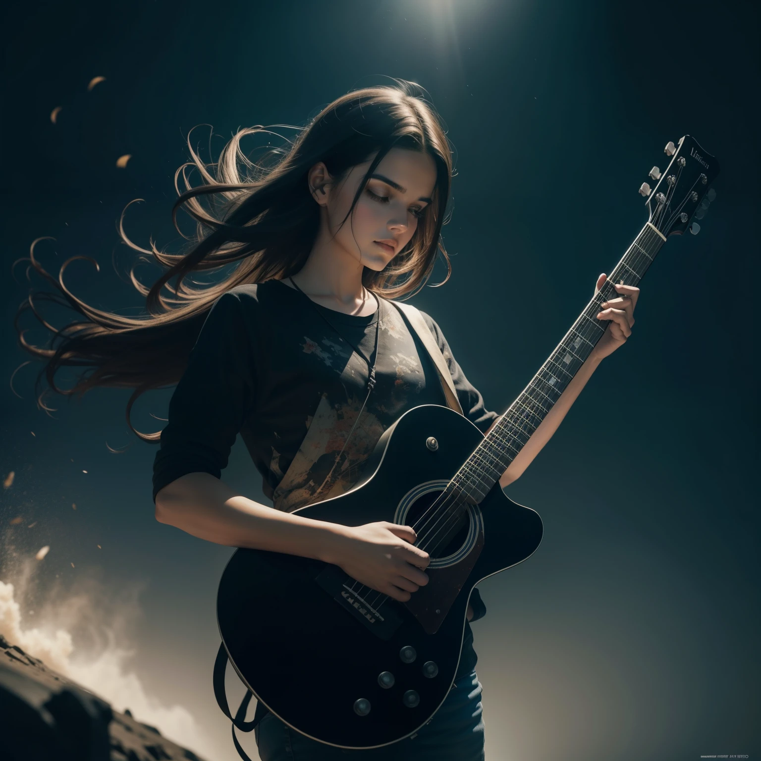 uma escultura de luz 3D altamente detalhada do estilo de arte Joan Fontcuberta representando uma guitarra de buraco negro engolindo centralizada. Motor Unreal 5, cinemactic, Low-angle photography, motion blur, profundidade de campo, dust, Seixos e lama. arte splash, pingando tinta. Perfect color classification. influenciado por karel Appel e jeremy mann, A dramatic and menacing scene, hiper-detalhado, Beautiful, detalhes insanos, detalhes intrincados, Fotografia Editorial, Fotografado na lente de 50mm, profundidade de campo, Tilt Blur, Velocidade do obturador 1/1000, F/22. mapeamento de luz, Ultrabrilhante
