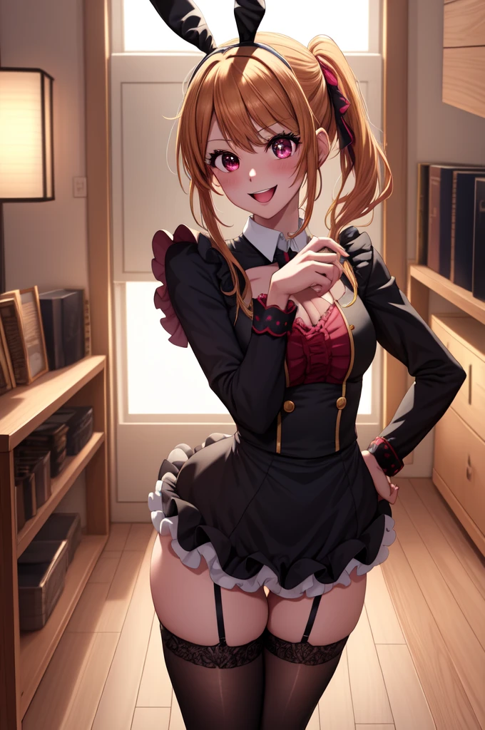 anime, beautiful face, highly detailed face, 2 accurate legs detailed eyes, highly detailed background, perfect lighting, accurate arms, accurate hands, accurate fingers, full body, 1girl, solo, ruby hoshino, oshi no ko, indoors, heels, thighhighs, garter stockings, indoors, absurdres, high res, ultrasharp, 8K, masterpiece, smiling with compassion, open mouth smile, bunny ears hair accessories, black sexy bunny outfit, revealing bunny outfit, ass view, looking over her shoulders
