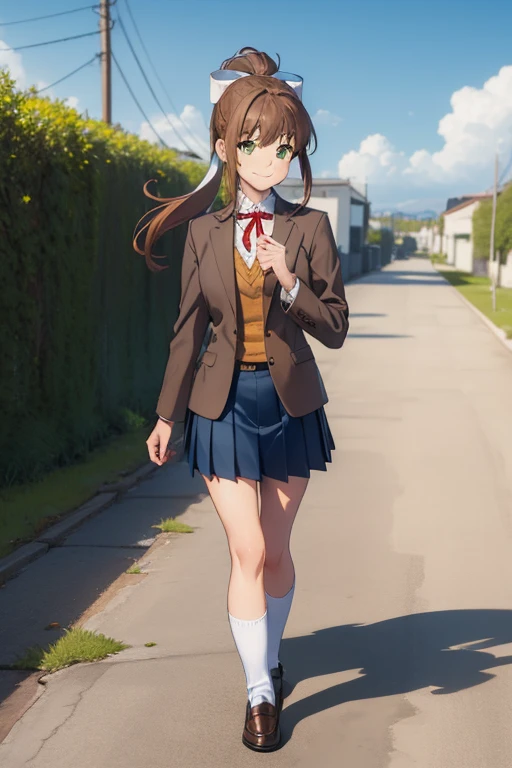 ((full body:1.4)), ((walking:1.4)), ((smile face:1.4)), ddlcmonika, ddlcmonika, blunt bangs, brown hair, (green eyes:1.5), long hair, ponytail, ribbon, white ribbon, hair ribbon, sidelocks,
BREAK blue skirt, brown jacket, jacket, long sleeves, pleated skirt, school uniform, shoes, skirt, ((short back socks:1.4)), ((finger on moutch:1.4)),
BREAK looking at viewer,
BREAK outside, park background,
BREAK (masterpiece:1.2), best quality, high resolution, unity 8k wallpaper, (illustration:0.8), (beautiful detailed eyes:1.6), extremely detailed face, perfect lighting, extremely detailed CG, (perfect hands, perfect ???????), ((brown loafers:1.4)), ((view from down:1.4)), ((sky from bellow:1.4)), ((show white panties:1.4)),