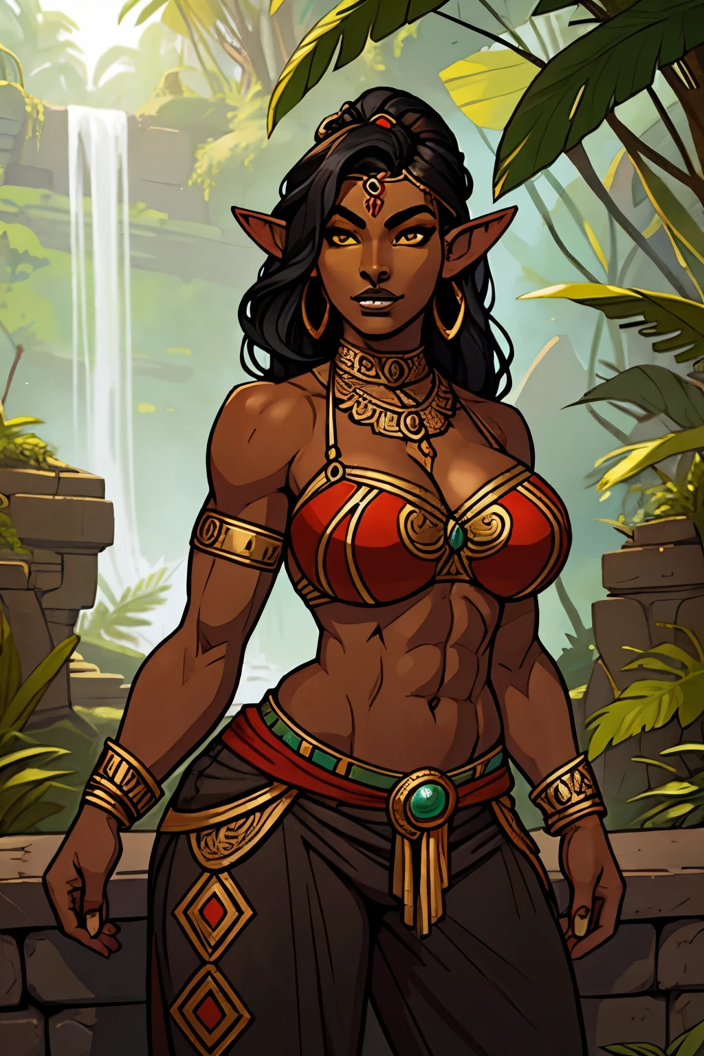 1girl athletic gerudo, elf ears, yellow eyes, dark lipstick, black hair, (dark skin:0.7), (detailed face:1.1), portrait travelling merchant very wide hips, big boobs, aztec style outfit, long pants jungle outdoors, masterwork, best quality, highly detailed