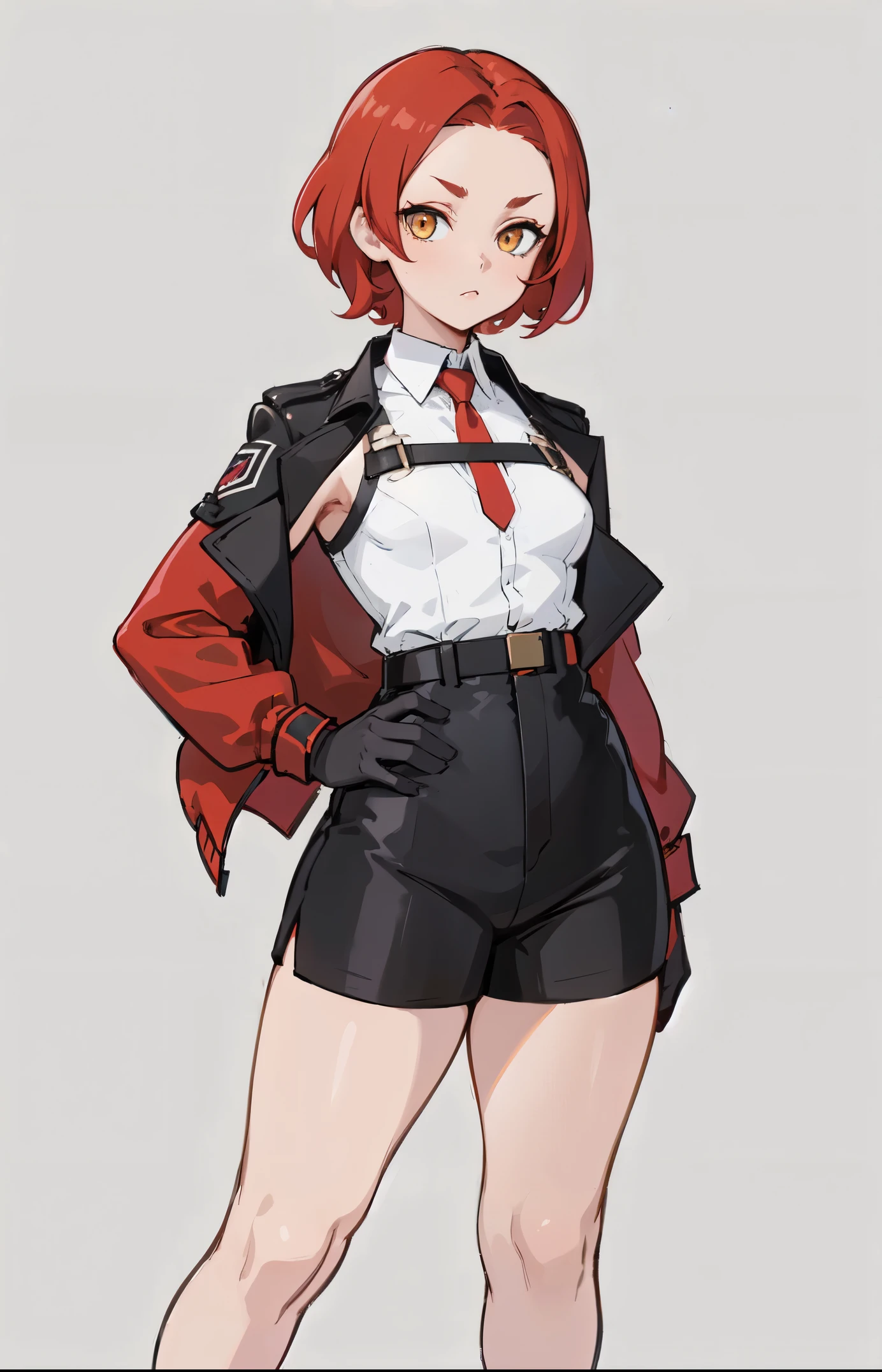 1girl, young woman, solo, short hair, Small  hair, (forehead:1.2), yellow eyes, sharp ocular posture, (scarlet red hair), light brown skin tone, Athletic, muscular, medium breasts, (cropped jacket, black jacket), white shirt, collared shirt, (chest harness, shoulder strap:1.15), black leather shorts, pantyhose, garter belt, gloves, elegant, looking at viewer, standing, mustard color background, masterpiece, best quality, 4k