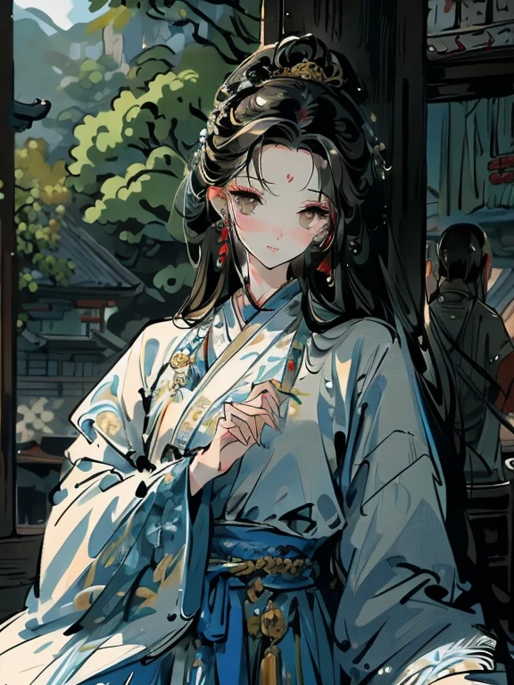 ((Best quality at best)), ((tmasterpiece)), (Detailed pubic hair), one-girl，Ancient hair bunace details，Half realistic，Luxurious Hanfu，guard，full bodyesbian，Hand movements，Ancient Style，beautiful，Satin，Hairpins，Lively market in the background