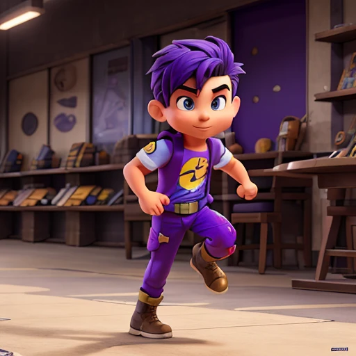 comic boy character in ninja costume running hero pose, capuz cinza, camisa laranja, purple pants, bota militar, luvas de motoqueiro, fundo branco