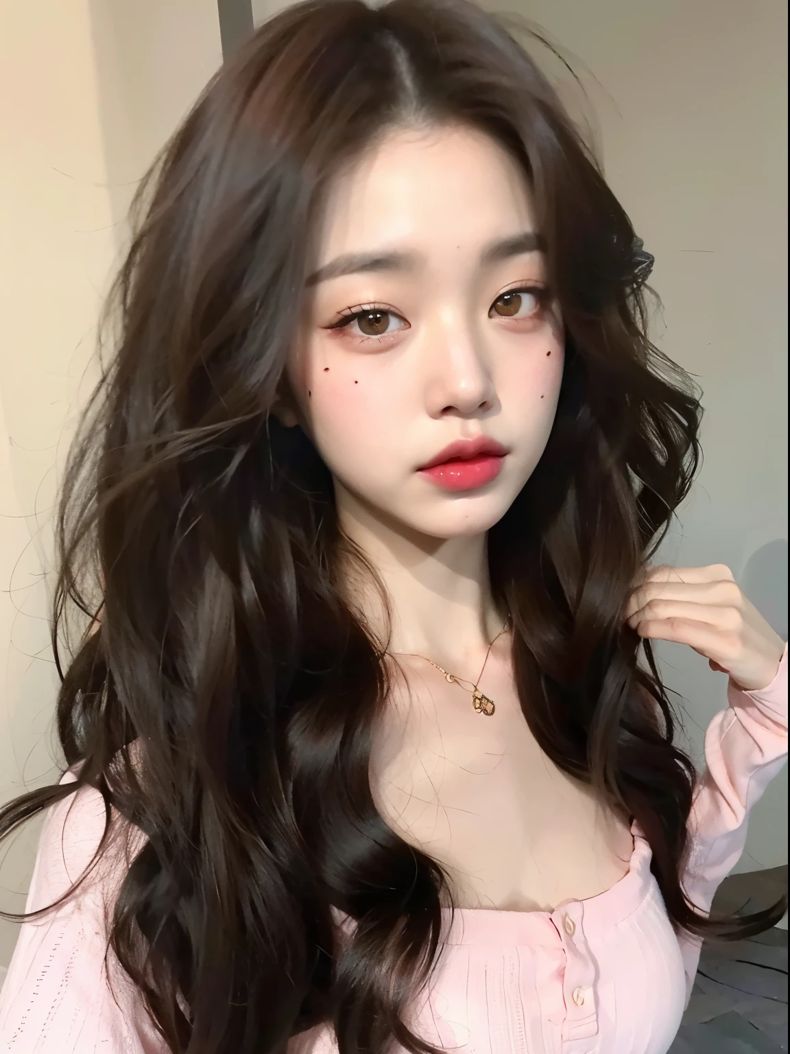 Un primer plano de una mujer con el pelo largo que lleva una camisa rosa, ulzzang, Blackpink Jennie, maquillaje popular de Corea del Sur, cara muy bonita, Joven y adorable rostro coreano, maquillaje coreano popular, con cabello largo y rizado, cabello ondulado extendido, Ojos grandes y cabello largo y suelto, Wan adorable cara coreana, pale fair skin!!, Cara suave y redonda, con cara redonda
