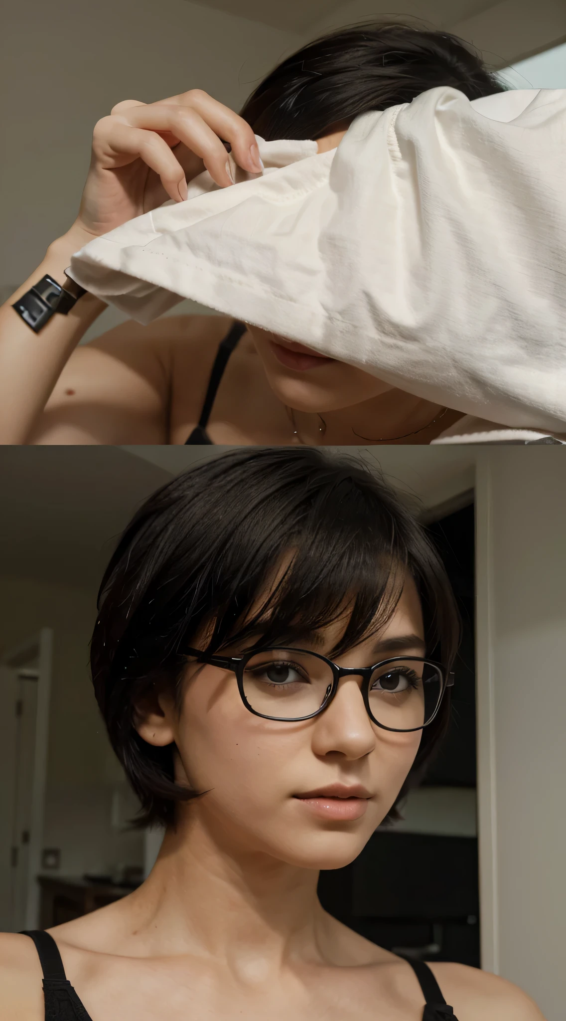 Crie uma mulher com cabelo curto e pele pouco branca, She wears glasses and has beautiful eyes, she is short and has a good physique. Ela tem cabelo curto e preto.