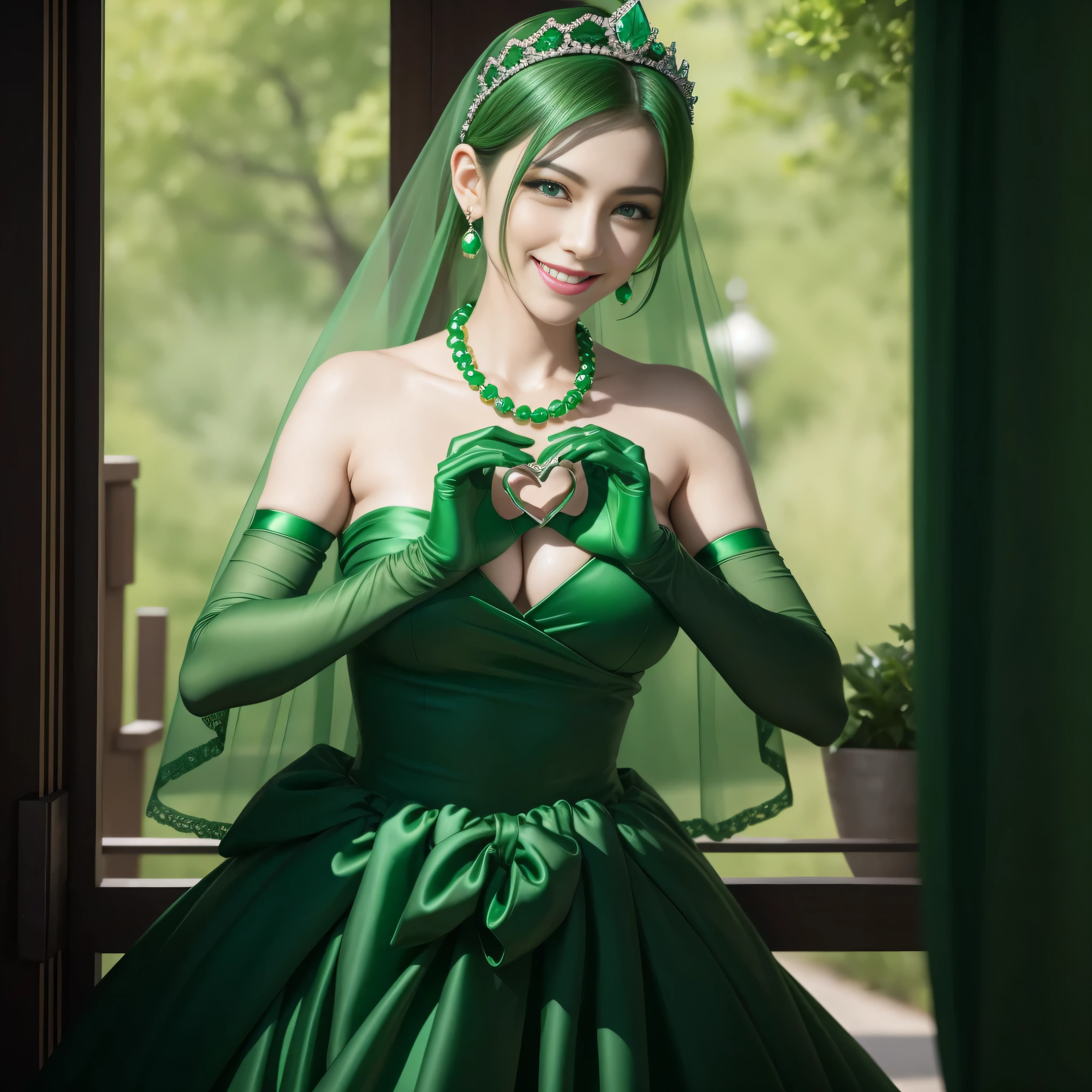 emerald tiara, Green Pearl Necklace, Boyish very short green hair, lipsticks, Japan woman smiling, very short short hair,  big breasts beautiful, Green eyes, Long green gloves made of satin material, Green eyes, Emerald Earrings, green vale, Heart with both hands