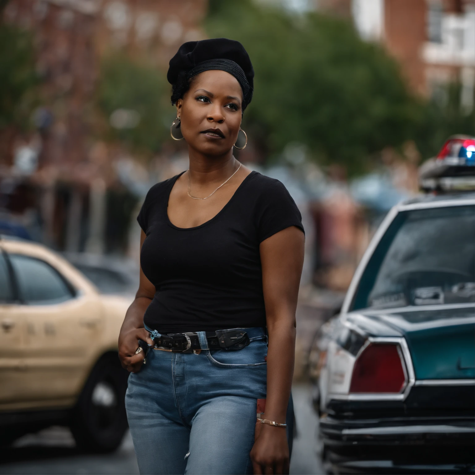 a police officer talking to a prostitute, rough street corner, Baltimore