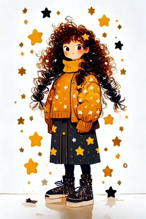 1girl, solo, star \(symbol\), long hair, standing, turtleneck, brown hair, very long hair, black footwear, curly hair, sleeves past wrists, looking at viewer, sweater, white background, long sleeves, blush, no nose, shoes, star print, full body, turtleneck sweater, big hair, closed mouth, puffy long sleeves, simple background, arms at sides, puffy sleeves, smile, yellow sweater, sneakers, jacket, clenched hand, brown eyes, :|, braid, hair ornament, bangs, skirt, clenched hands, tareme, arm at side, yellow jacket