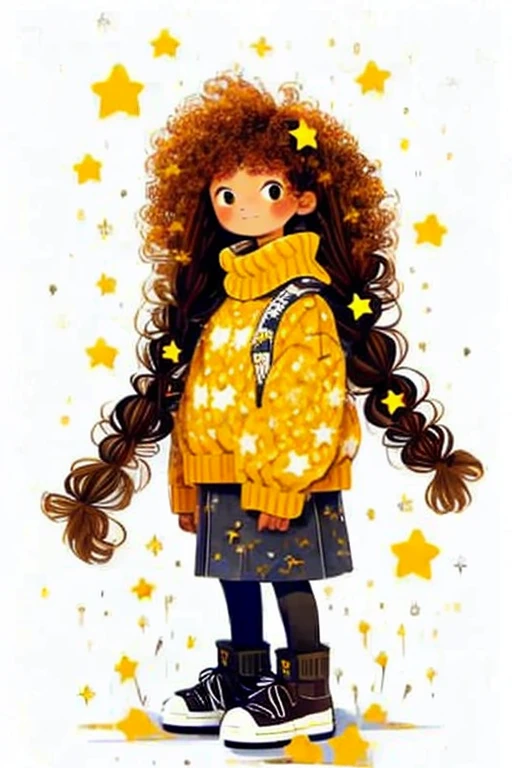 1girl, solo, star \(symbol\), long hair, standing, turtleneck, brown hair, very long hair, black footwear, curly hair, sleeves past wrists, looking at viewer, sweater, white background, long sleeves, blush, no nose, shoes, star print, full body, turtleneck sweater, big hair, closed mouth, puffy long sleeves, simple background, arms at sides, puffy sleeves, smile, yellow sweater, sneakers, jacket, clenched hand, brown eyes, :|, braid, hair ornament, bangs, skirt, clenched hands, tareme, arm at side, yellow jacket