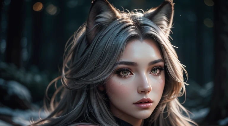 A huge wild gray wolf protecting a beautiful girl (masterpiece: 1.5) (photorealistic: 1.1) (bokeh) (best quality) (detailed skin texture pores hair: 1.1) (intricate) (8k) (HDR) (wallpaper) (cinematic lighting) (sharp focus ), dark woods, full moon