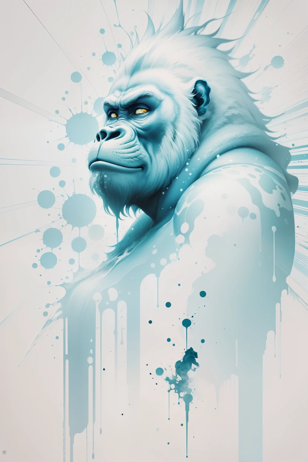 estilo de desenho a tinta minimalista, Ponto de Fuga no Livro Branco, a line art by Tsutomu Nihei depicting the mathematical equation that forms the Gorilla from a deep blue, White particles, raios de luz, Splatter de tinta, Dynamic design, arte splash em aquarela incorporada como elementos complementares, capture that time is passing and cannot be recovered.