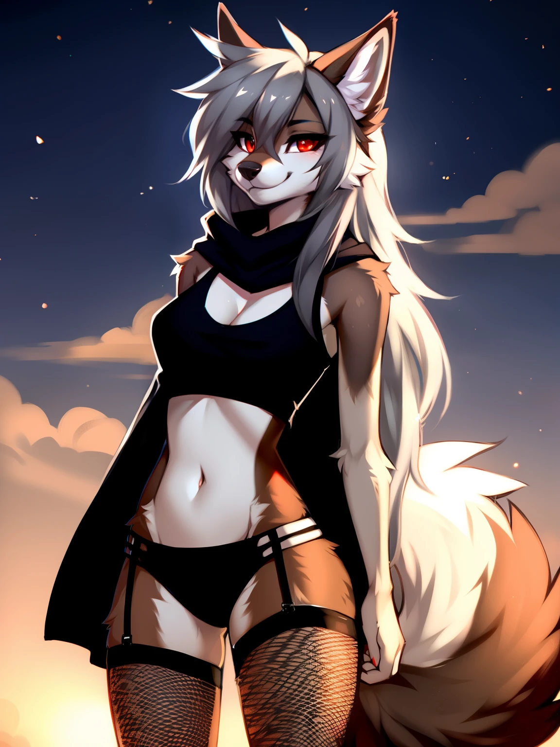 very skinny, tall, wolf, (brown fur), fluffy tail, big fluffy tail, fluffy fur, (black tanktop), fishnets, big breasts, 1girl, solo, female, gray hair, long hair, emo hair, hair over left eye, black cloak, red eyes, smile, cowboy shot, big ears, by zackary911, (coffeesoda:1.1), hioshiru, zackary911