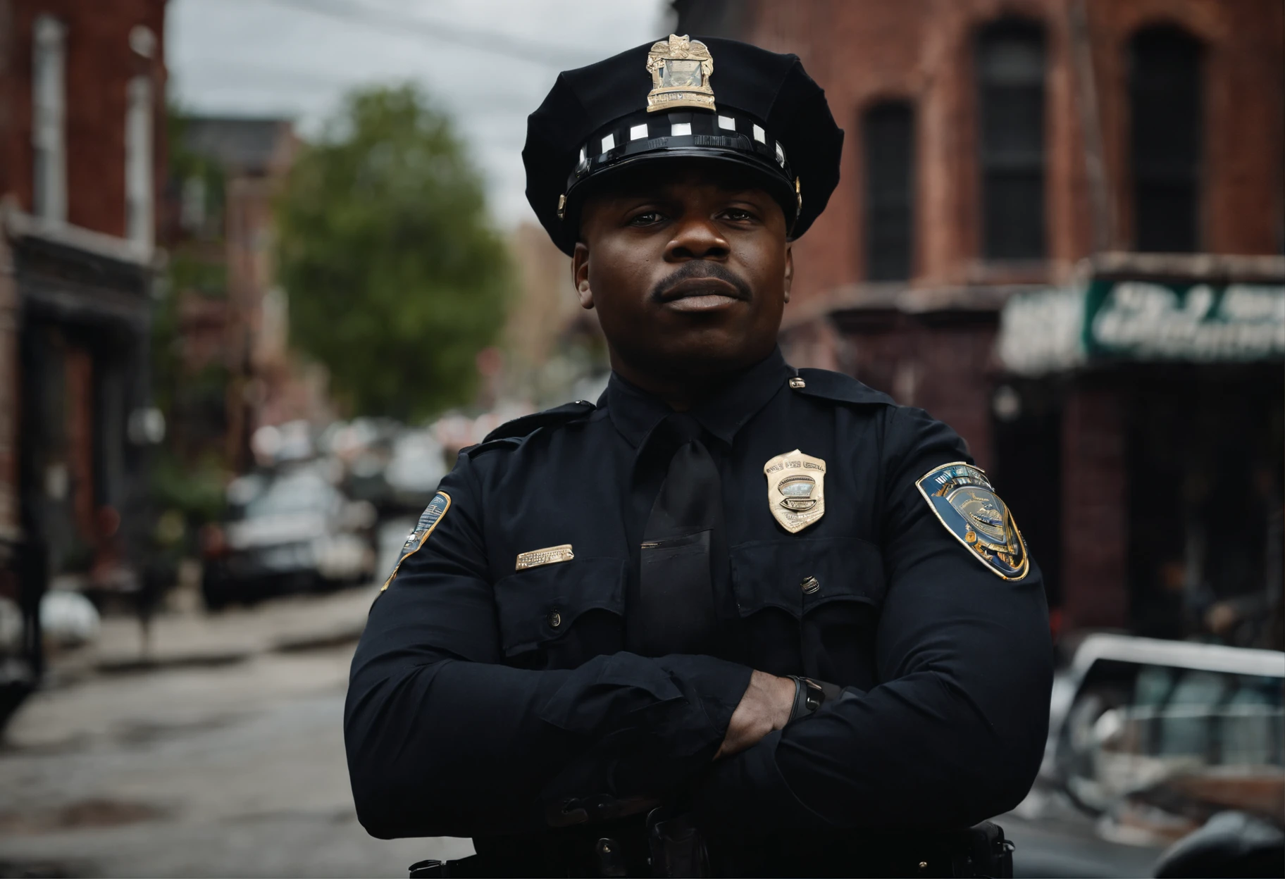 a police officer talking to a ??????, rough street corner, Baltimore
