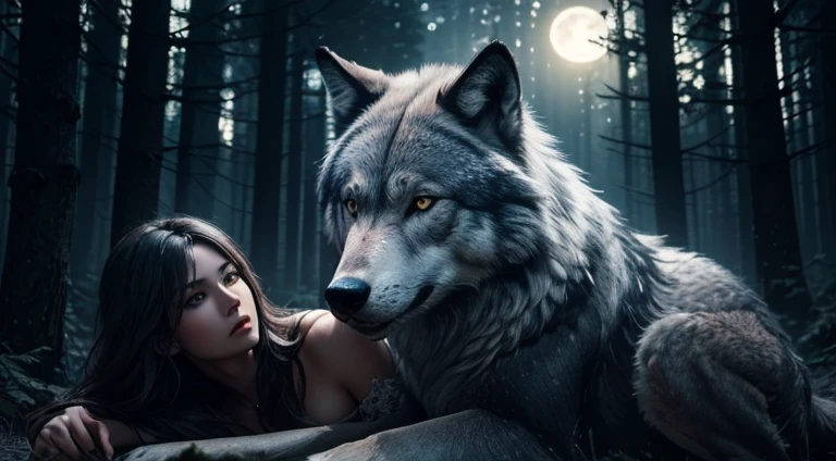 A huge wild gray wolf protecting a beautiful girl, Dark forest, full moon, (masterpiece: 1.5) (photorealistic: 1.1) (bokeh) (best quality) (detailed skin texture pores hair: 1.1) (intricate) (8k) (HDR) (wallpaper) (cinematic lighting) (sharp focus )