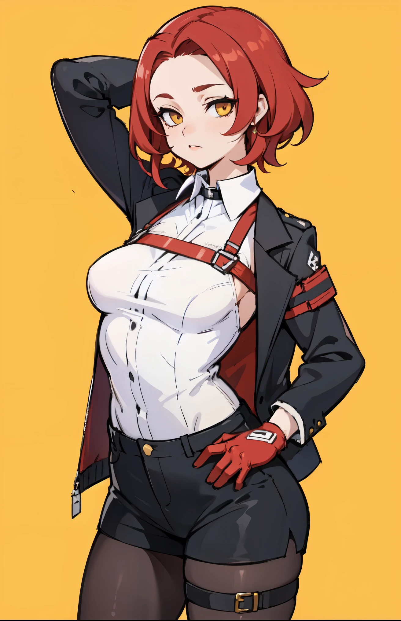 1girl, young woman, solo, short hair, Small  hair, (forehead:1.2), yellow eyes, sharp ocular posture, (scarlet red hair), Athletic, muscular, medium breasts, (cropped jacket, black jacket), white shirt, collared shirt, (chest harness, shoulder strap:1.15), black leather shorts, pantyhose, garter belt, gloves, elegant, looking at viewer, standing, mustard color background, masterpiece, best quality, 4k